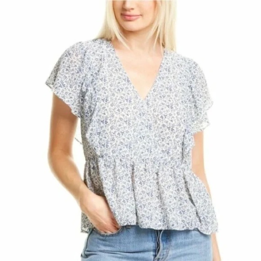 Madewell Georgette Ruffle-Sleeve Peplum Top in Americana Floral Size Small